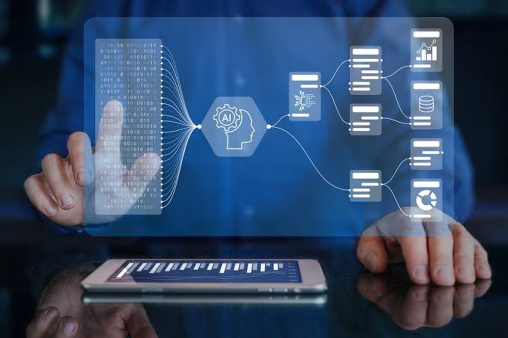 Empresario frente a una red de datos que conecta expedientes, análisis y resultados financieros